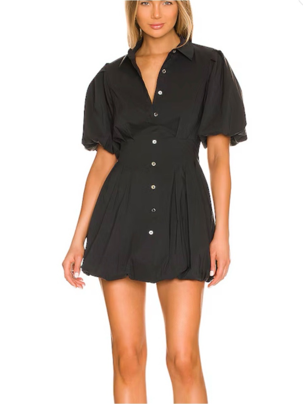 Black Puff-Sleeve Tie-Waist Mini Dress